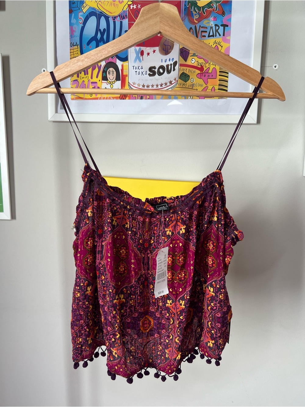 PacSun Purple Floral Pom-Trim Spaghetti Tank